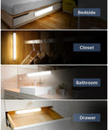 Rechargeable Under Cabinet Light With 50 LED Motion Sensor lighting up bedside, closet, bathroom, and drawer in various settings.
