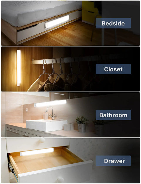Rechargeable Under Cabinet Light With 50 LED Motion Sensor lighting up bedside, closet, bathroom, and drawer in various settings.
