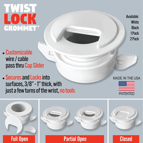 2 Pack Patented White Self Securing Cable Grommet With Cap Slider Tool Free Locking Cable Management For Walls Ceilings And Desks