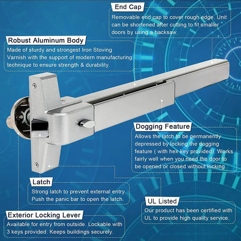 Heavy Duty Panic Bar For Exit Door, Steel Panic Device With External Lever And Roller Strike Plate, Fire Safety Hardware, Includes 6 Keys, Fits 28 To 36 Inch Wide Entry Doors For Commercial Buildings