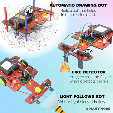 40in1 STEM Robotics Kit For Kids 8 To 12 With 100 Plus Parts And 40 Awesome Projects Build A Door Bell A Fan Controller A Line Following Car A Drawing Robot A Water Dispenser And More For Homeschooling Gift automatic drawing bot and fire detector models