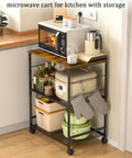 Rolling Kitchen Microwave Cart With 3 Tier Storage On Locking Wheels A Multiuse Utility Cart in brown with kitchen items
