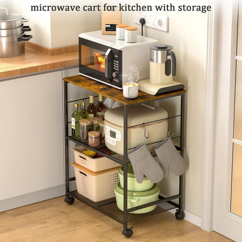 Rolling Kitchen Microwave Cart With 3 Tier Storage On Locking Wheels A Multiuse Utility Cart in brown with kitchen items
