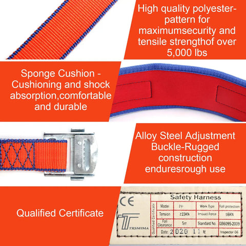 Ergonomic Waist Pad Safety Belt With Adjustable Lanyard showing materials and certifications including polyester and sponge cushion