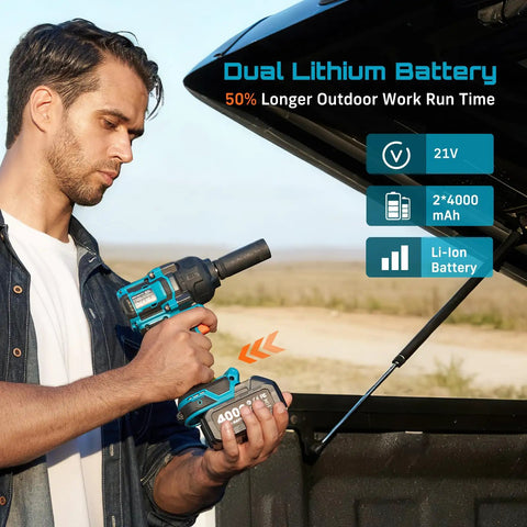 A man operating a Heavy Duty Half Inch Brushless Impact Wrench with dual lithium battery in an outdoor setting.