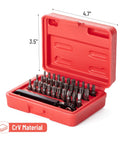 Top Shelf Mini Ratchet Set, 34 Piece Cr-V Steel Kit With Security Bits And Right Angle Screwdriver Adapter in red box.