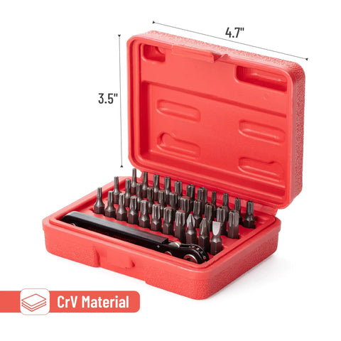 Top Shelf Mini Ratchet Set, 34 Piece Cr-V Steel Kit With Security Bits And Right Angle Screwdriver Adapter in red box.