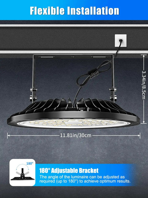 Powerful 200W UFO LED High Bay Light With 10000 Lumens Industrial IP54 Warehouse Lighting showing flexible installation
