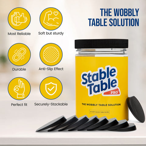Black Rubber Table Leveler Wedges Set For Restaurant Tables And Home Furniture next to product jar and features list