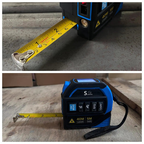 4 In 1 Laser Tape Measure With Laser Level Crosshairs, Pro Grade 130 Feet 40 Meters Distance And 16 Feet 5 Meters AutoLock Tape, Backlit LCD Display In Feet Inches Meters Millimeters, IP54 Aluminum Body For DIY Construction And Interior Design; black blue