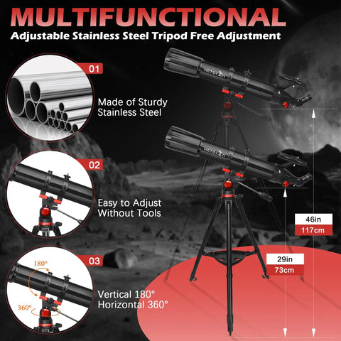 90Mm Aperture Refractor Telescope For Adults Kids And Beginners With 900Mm Focal Length 450X Magnification Includes Stainless Tripod