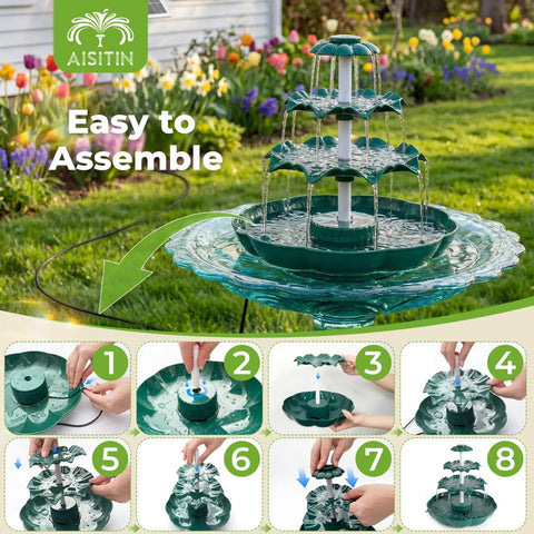 Sun Powered 6.5W Solar Bird Bath Fountain With 3 Tier Waterfall And 9 Streams, DIY Detachable Solar Pump shown in backyard