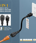 Beefy 15A To 20A Power Adapter Cable NEMA 5-15P To 5-15R 5-20R 6-15R 6-20R 4 In 1 12 AWG 1 Foot Black Cable For Home Use And Portable EV Chargers No Transformer Inside shown plugged into outlet