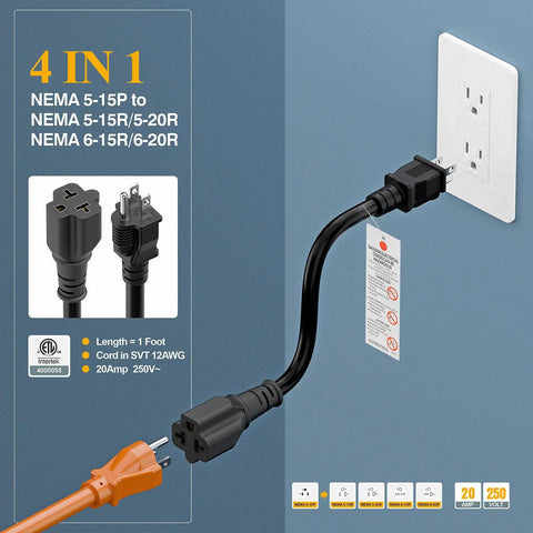 Beefy 15A To 20A Power Adapter Cable NEMA 5-15P To 5-15R 5-20R 6-15R 6-20R 4 In 1 12 AWG 1 Foot Black Cable For Home Use And Portable EV Chargers No Transformer Inside shown plugged into outlet