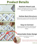 Product details of Garden Edging Border Kit 10 Pack 23x8.5 Inch White Plastic Fence Panels showing wood texture and stake design.