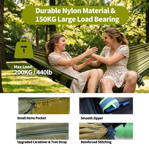 Two people in 3 In 1 Camping Hammock Tent With Mosquito Net And Rainfly, durable, 440 lb capacity, includes tree straps