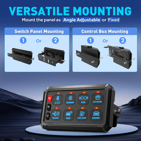 Beefed Up Eight Gang Switch Panel With Momentary On Off Touch Control, 5 Inch for 12V/24V Vehicles, LED Toggle Switches shown