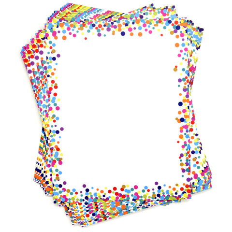 Stack of Confetti Border Computer Paper Letterhead 100 Pack Double Sided Eight By Eleven Inches Colorful Dots Stationery Sheets