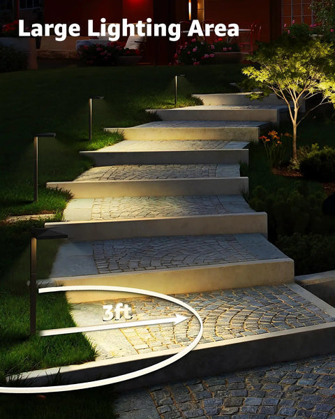 All In One Outdoor Landscape Lighting Kit With 60W Low Voltage Transformer 100 Ft Wire 6 Anti Glare LED Pathway Lights illuminating stairs