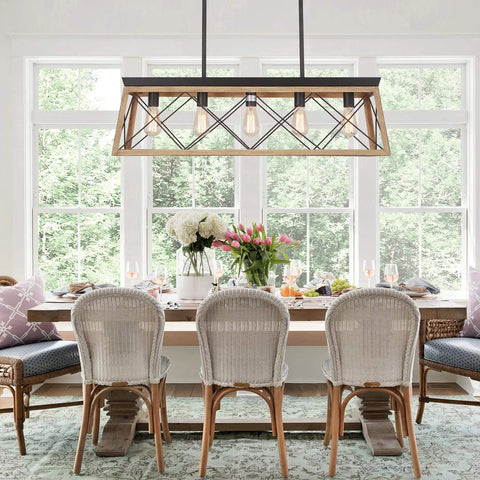 Farmhouse Chandelier With Five Lights For Kitchen Island Lighting Rustic White Wood Finish Dining Room Pendant Light Adjustable Height