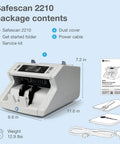 Ultra Fast Money Counter With 2 Point Counterfeit Check Multicurrency Support Add Batch Modes LCD Display Sorts Up To 1000 Bills Per Minute Backloading Hopper Holds 300 Bills For Quick Easy Cash Management; dimensions and accessories shown