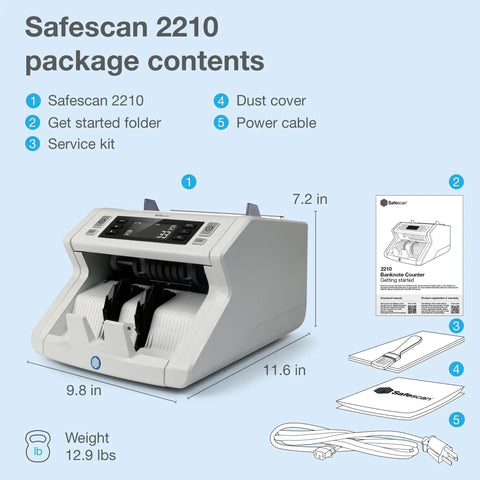 Ultra Fast Money Counter With 2 Point Counterfeit Check Multicurrency Support Add Batch Modes LCD Display Sorts Up To 1000 Bills Per Minute Backloading Hopper Holds 300 Bills For Quick Easy Cash Management; dimensions and accessories shown
