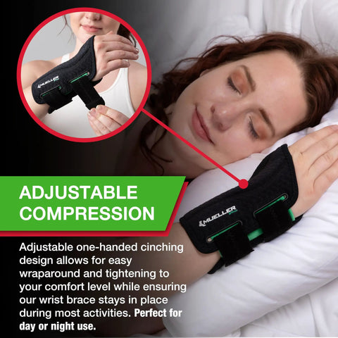 Woman sleeping with Green Fitted Left Wrist Brace With One Hand Cinch For Easy Wraparound And Stay Put Support, Adjustable Sizing.