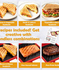 Fast Crispy Microwave Sandwich Maker With Adjustable Silicone Strap Removable Nonstick Grilled Cheese Toaster showcasing various sandwich possibilities and included recipe cards. Image shows bacon & vegetable, steak & lettuce, and more.