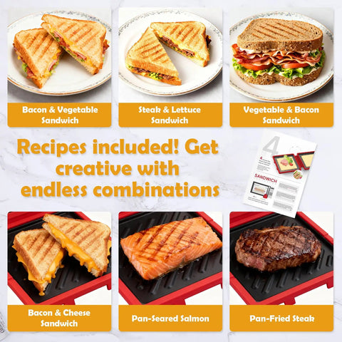 Fast Crispy Microwave Sandwich Maker With Adjustable Silicone Strap Removable Nonstick Grilled Cheese Toaster showcasing various sandwich possibilities and included recipe cards. Image shows bacon & vegetable, steak & lettuce, and more.