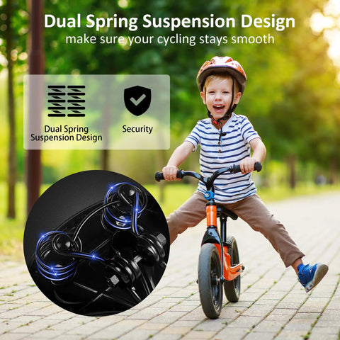 Kids Bike Seat For 18 20 And 24 Inch Bicycles Replacement Saddle With Extra Cushion For Boys And Girls shown with child riding