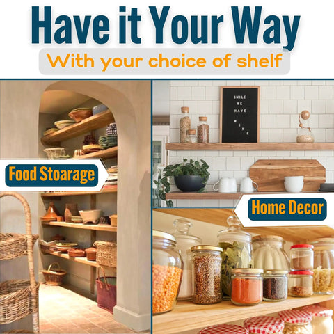 Pantry and kitchen shelves showcasing storage ideas with the 6 Inch Floating Shelf Bracket Set With Hidden Supports And Screws.