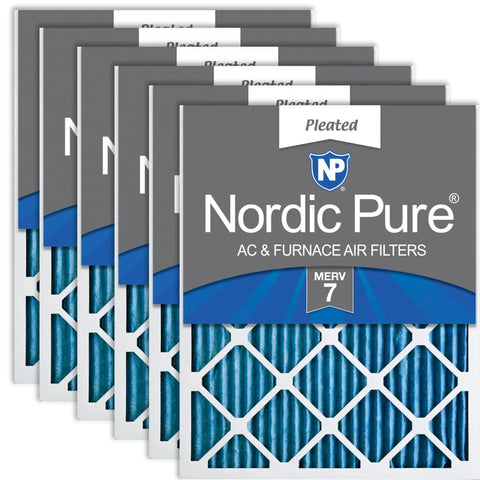 Six Pack 1-Inch Pleated Air Filters, Actual Size 15.5 X 19.5 X 0.75, Nominal 16 X 20 X 1, MERV 7 Synthetic Pleated Media shown in packaging