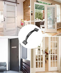 Six Pack 5.43 Inch Metal Gate Handle Replacement Kit Matte Black Barn Door Handles in various home settings