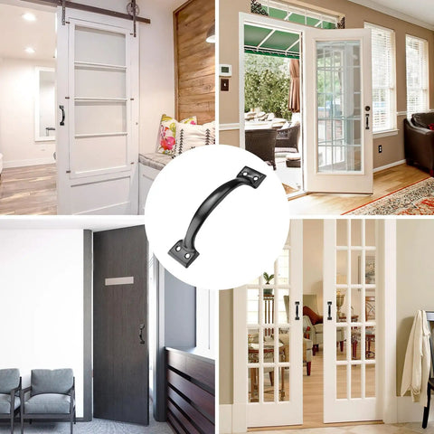 Six Pack 5.43 Inch Metal Gate Handle Replacement Kit Matte Black Barn Door Handles in various home settings