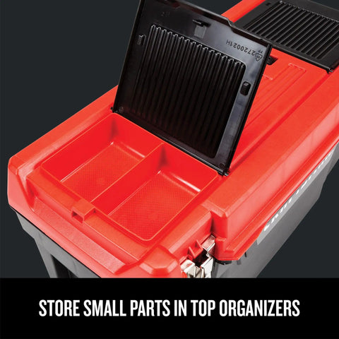 Heavy Duty Steel 20 Inch Lockable Tool Box With Super Slick Removable Tray And Sweet Small Parts Organizer For Secure Hardware Storage On Daily Shop Rig