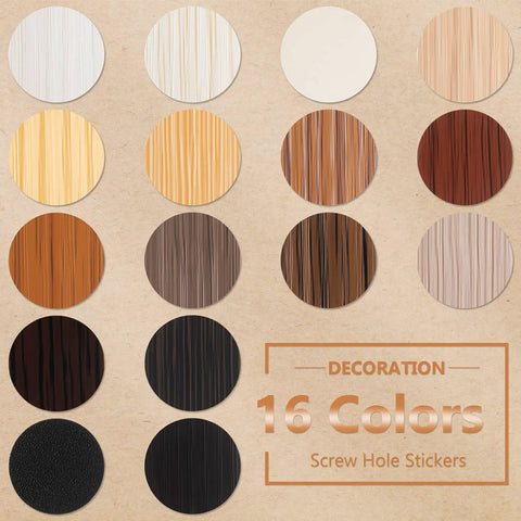Massive 864 Piece Wood Grain Screw Hole Covers Set 0.83 Inch Waterproof PVC Caps showing 16 styles in various wood tones.