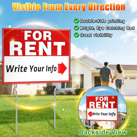 Double Sided For Rent Yard Sign Set With Metal Stakes 17 By 13 Inch Corrugated Plastic Real Estate Signs Front View