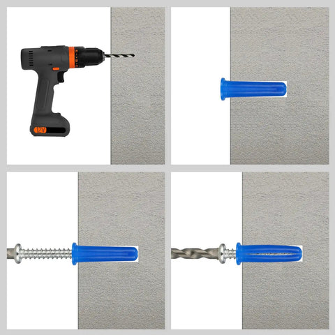 Installation process from All In One Concrete Anchors And Screws Kit For Masonry Projects, 180 Piece Set with included drill bit.