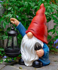 Garden Gnome Statue With Shovel And Lantern, Solar LED Lights That Glow At Night, Go To Outdoor Decor For Patio, Terrace, Lawn Or Yard