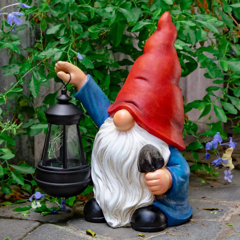 Garden Gnome Statue With Shovel And Lantern, Solar LED Lights That Glow At Night, Go To Outdoor Decor For Patio, Terrace, Lawn Or Yard