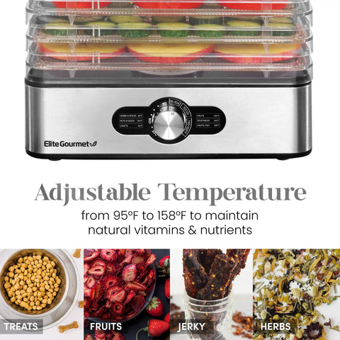 Kitchen Workhorse Food Dehydrator Featuring Durable Stainless Steel Trays And Adjustable Temperature Dials with stacked fruits.