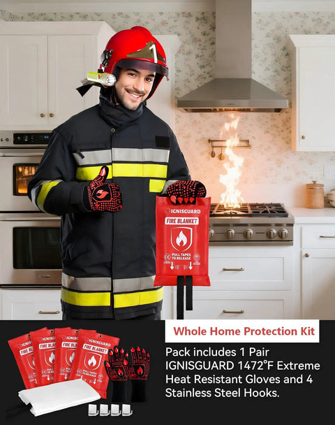 Firefighter in kitchen holding 4 Pack 40x40 Inch Fiberglass Fire Blankets With 1 Pair Fire Resistant Gloves And 4 Hooks For Emergency Home And Kitchen Fire Suppression Grease And Electrical Fires RV And Camping