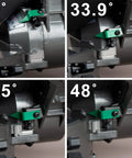 Close-up view of 12-Inch Compound Miter Saw With Xact Cut LED Shadow Line System And Dual Bevel, showing angle adjustments.