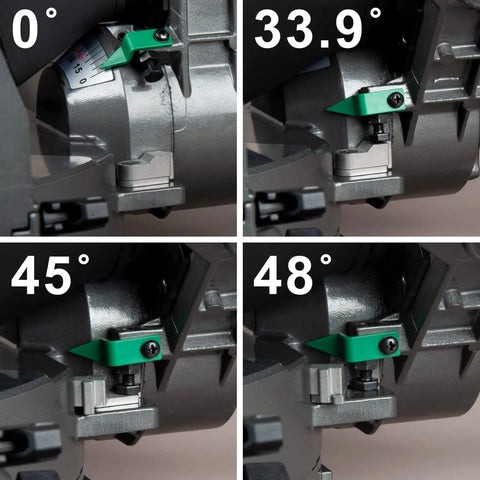 Close-up view of 12-Inch Compound Miter Saw With Xact Cut LED Shadow Line System And Dual Bevel, showing angle adjustments.