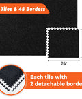Interlocking Gym Floor Mats With Rubber Top 0.4 Inch Thick 24 Pieces Covering 96 Sq Ft Dual Layer High Density EVA Foam Base With Rugged EPDM Rubber Surface Heavy Duty Home Gym Flooring For Exercise Gear Black And Grey, shown with 24x24 inch tiles and detachable borders.