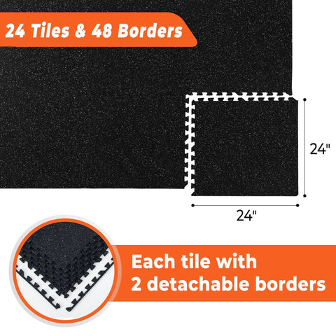 Interlocking Gym Floor Mats With Rubber Top 0.4 Inch Thick 24 Pieces Covering 96 Sq Ft Dual Layer High Density EVA Foam Base With Rugged EPDM Rubber Surface Heavy Duty Home Gym Flooring For Exercise Gear Black And Grey, shown with 24x24 inch tiles and detachable borders.