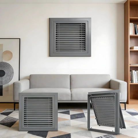 Heavy Duty Louvered Return Air Grille Slick Magnetic Latch Drywall Access Panel With Integrated Filter Gray 22 X 26 Inch in a living room setting.