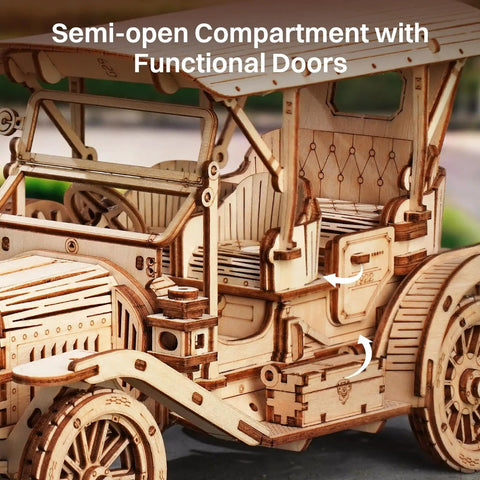 3D Wooden Puzzle Car Kit For Adults And Teens One To Fifteen Scale Vintage 1910s Classic Car Model, close-up of semi-open compartment with functional doors.