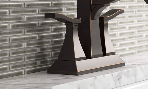 Truss Center Set Lavatory Faucet With Lever Handles Craftsman Inspired Bathroom Tap With Ceramic Valves on marble countertop