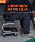 Mechanic using a Rolling Creeper Seat For Garage And Shop, Padded Mechanic Stool With Tool Tray Storage, 250 Lb Capacity, Easy Glide Casters
